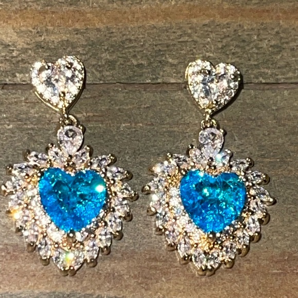 Cubic Zirconia, Blue Crystal Heart Decor Drop Gold tone Glam Luxury Earrings - Picture 6 of 8